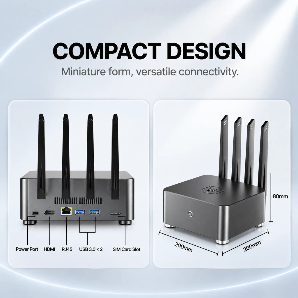 ComCube server rear ports and compact 200 by 200 by 80 millimetre dimensions