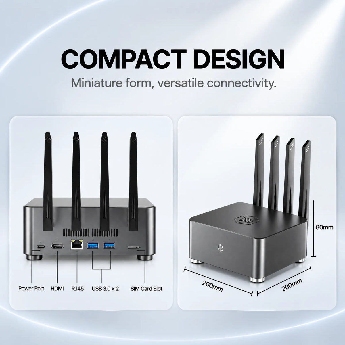 ComCube server rear ports and compact 200 by 200 by 80 millimetre dimensions